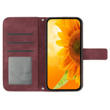 iPhone 15 Pro Wallet Case w. Strap - Sunflower Engraving - Wine Red