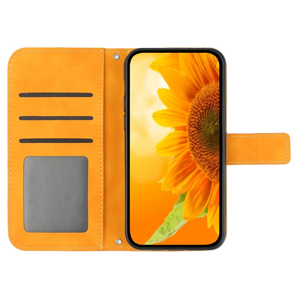 iPhone 15 Pro Wallet Case w. Strap - Sunflower Engraving - Yellow