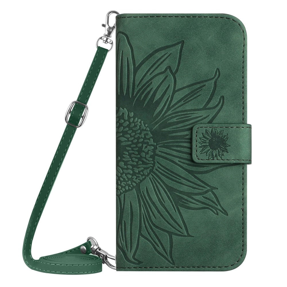 iPhone 15 Pro Wallet Case w. Strap - Sunflower Engraving - Green