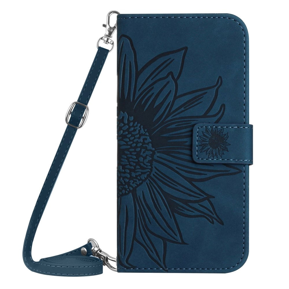 iPhone 15 Pro Wallet Case w. Strap - Sunflower Engraving - Blue