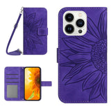 iPhone 15 Pro Wallet Case w. Strap - Sunflower Engraving - Dark Purple