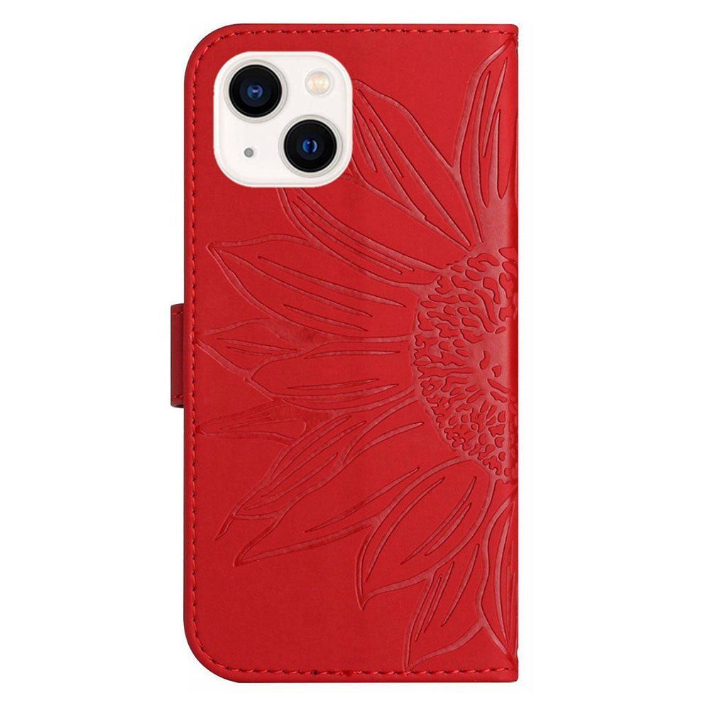 iPhone 15 Wallet Case w. Strap - Sunflower Engraving - Red