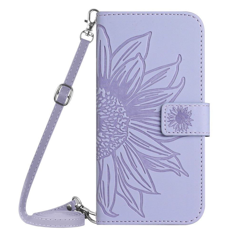 iPhone 15 Wallet Case w. Strap - Sunflower Engraving - Light Purple