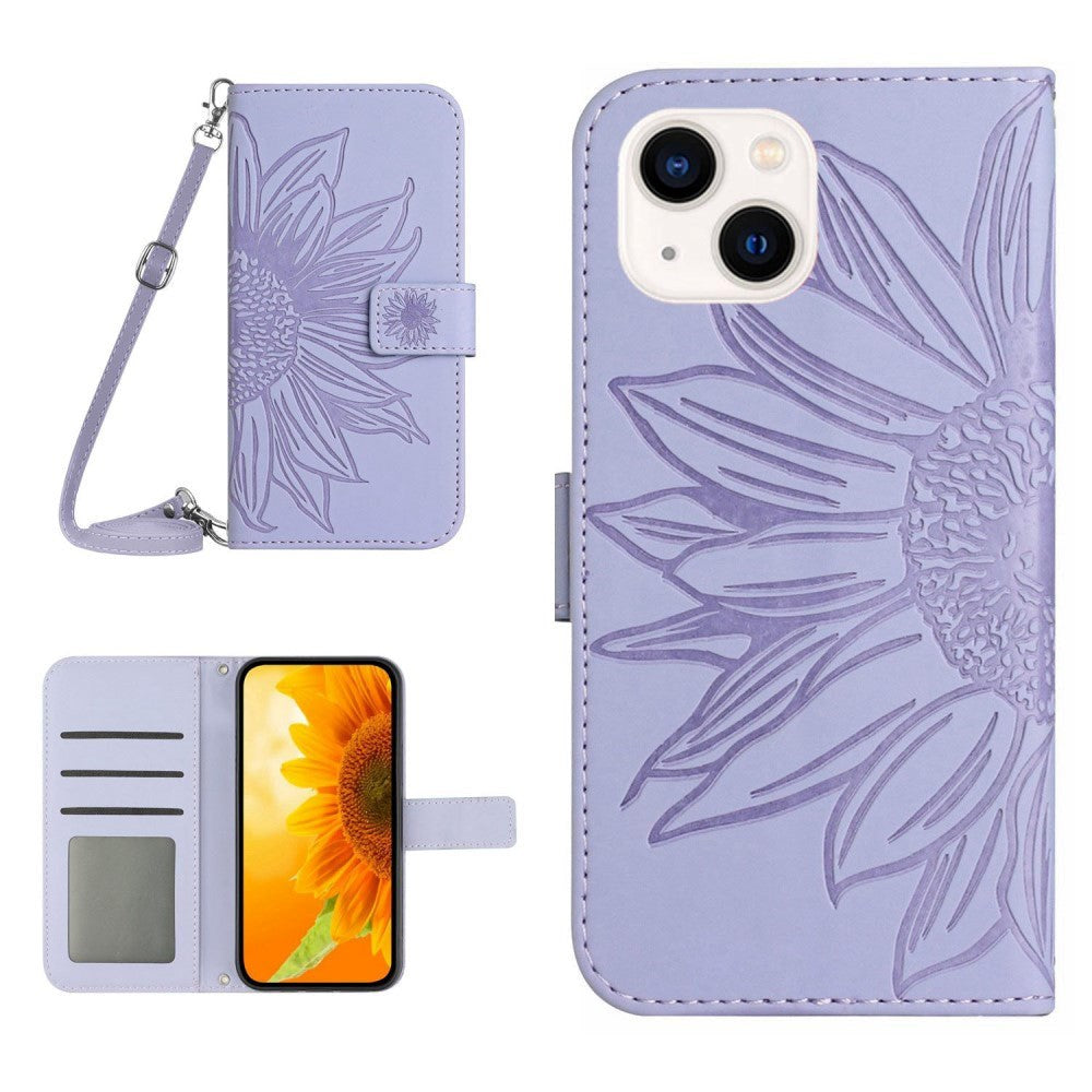 iPhone 15 Wallet Case w. Strap - Sunflower Engraving - Light Purple