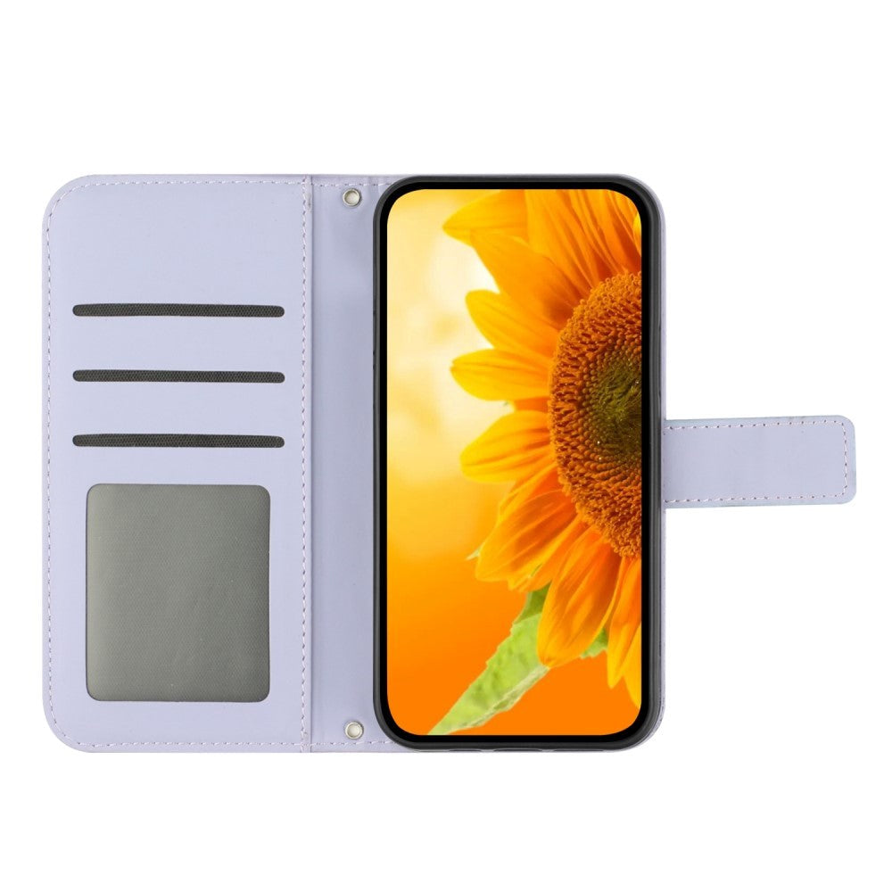 iPhone 15 Wallet Case w. Strap - Sunflower Engraving - Light Purple