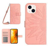 iPhone 15 Wallet Case w. Strap - Sunflower Engraving - Light Pink