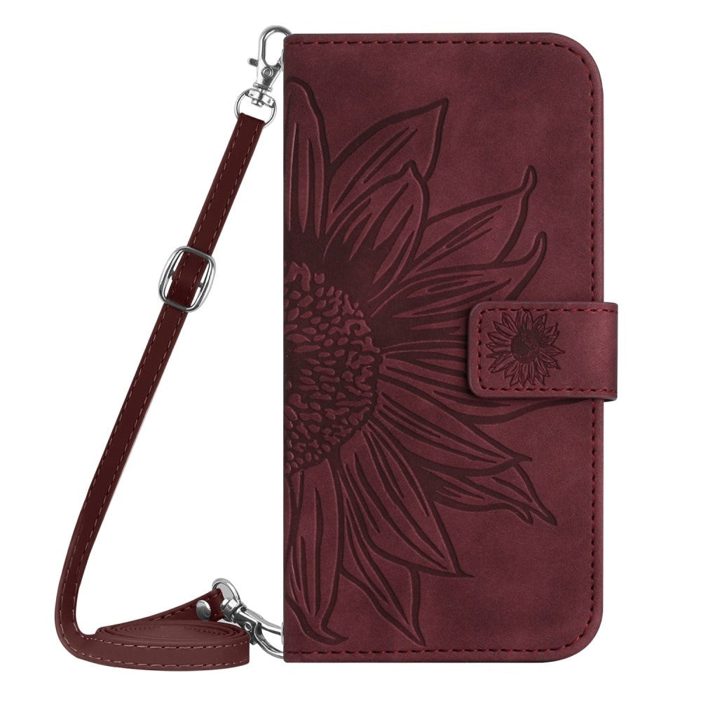 iPhone 15 Wallet Case w. Strap - Sunflower Engraving - Wine Red