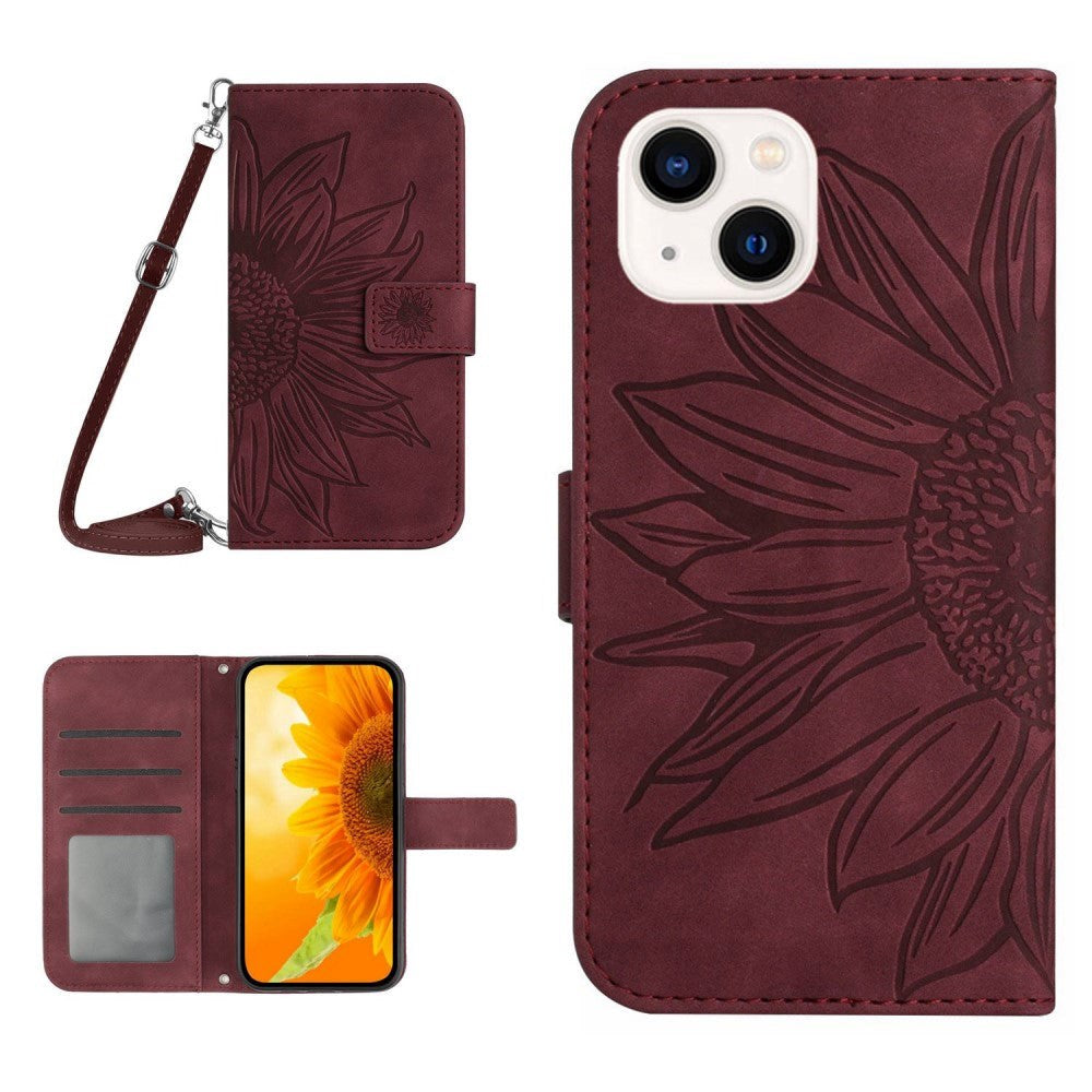 iPhone 15 Wallet Case w. Strap - Sunflower Engraving - Wine Red