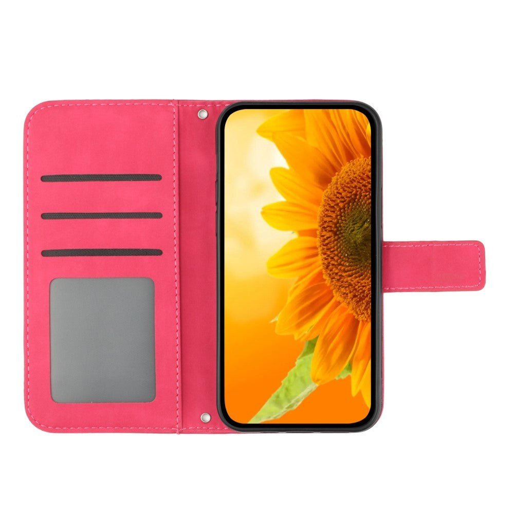 iPhone 15 Wallet Case w. Strap - Sunflower Engraving - Pink