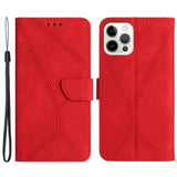 iPhone 15 Pro Max Leather Case with Wallet and Strap - Line Pattern - Rød