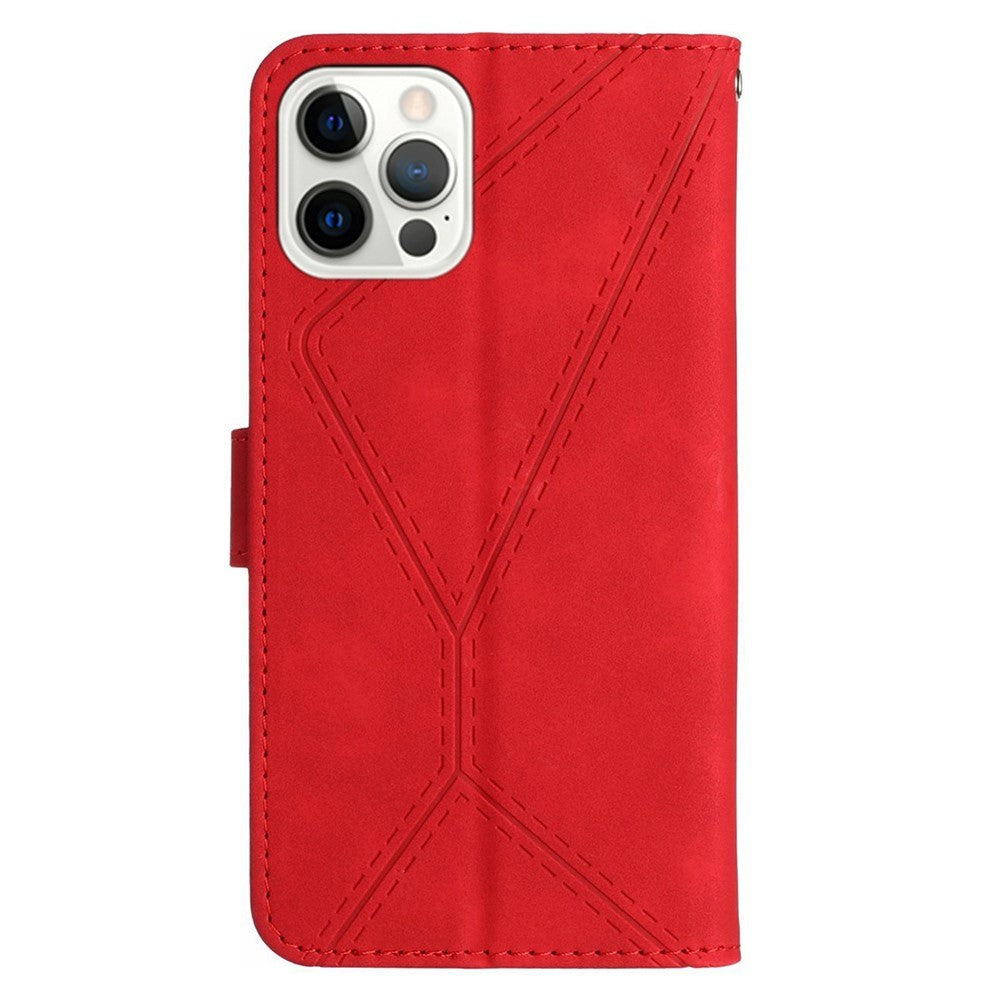 iPhone 15 Pro Max Leather Case with Wallet and Strap - Line Pattern - Rød