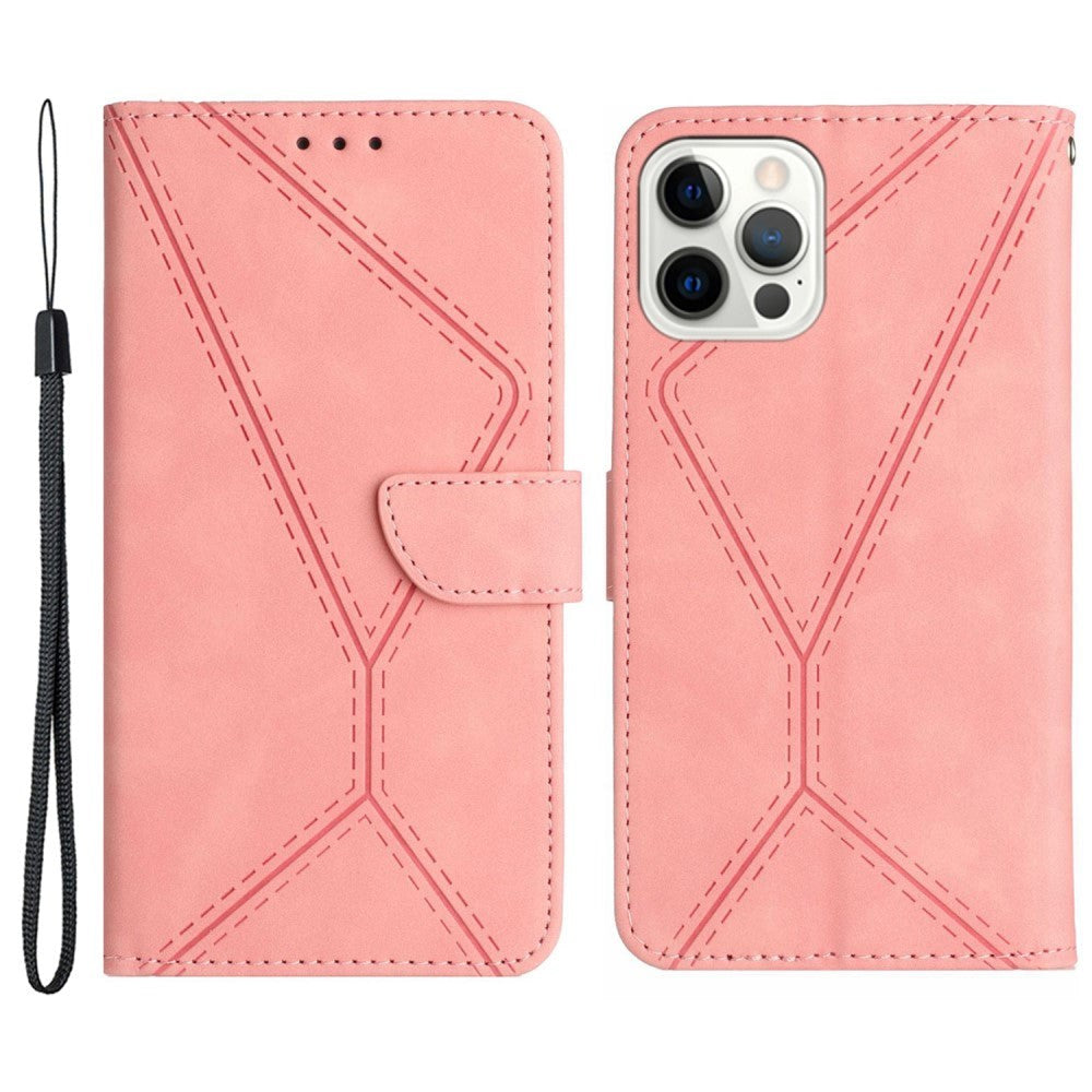 iPhone 15 Pro Max Leather Case with Wallet and Strap - Line Pattern - Pink