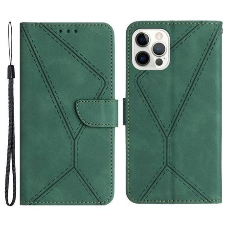 iPhone 15 Pro Max Leather Case with Wallet and Strap - Line Pattern - Green