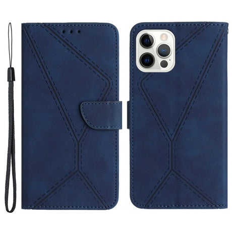 iPhone 15 Pro Max Leather Case with Wallet and Strap - Line Pattern - Blue