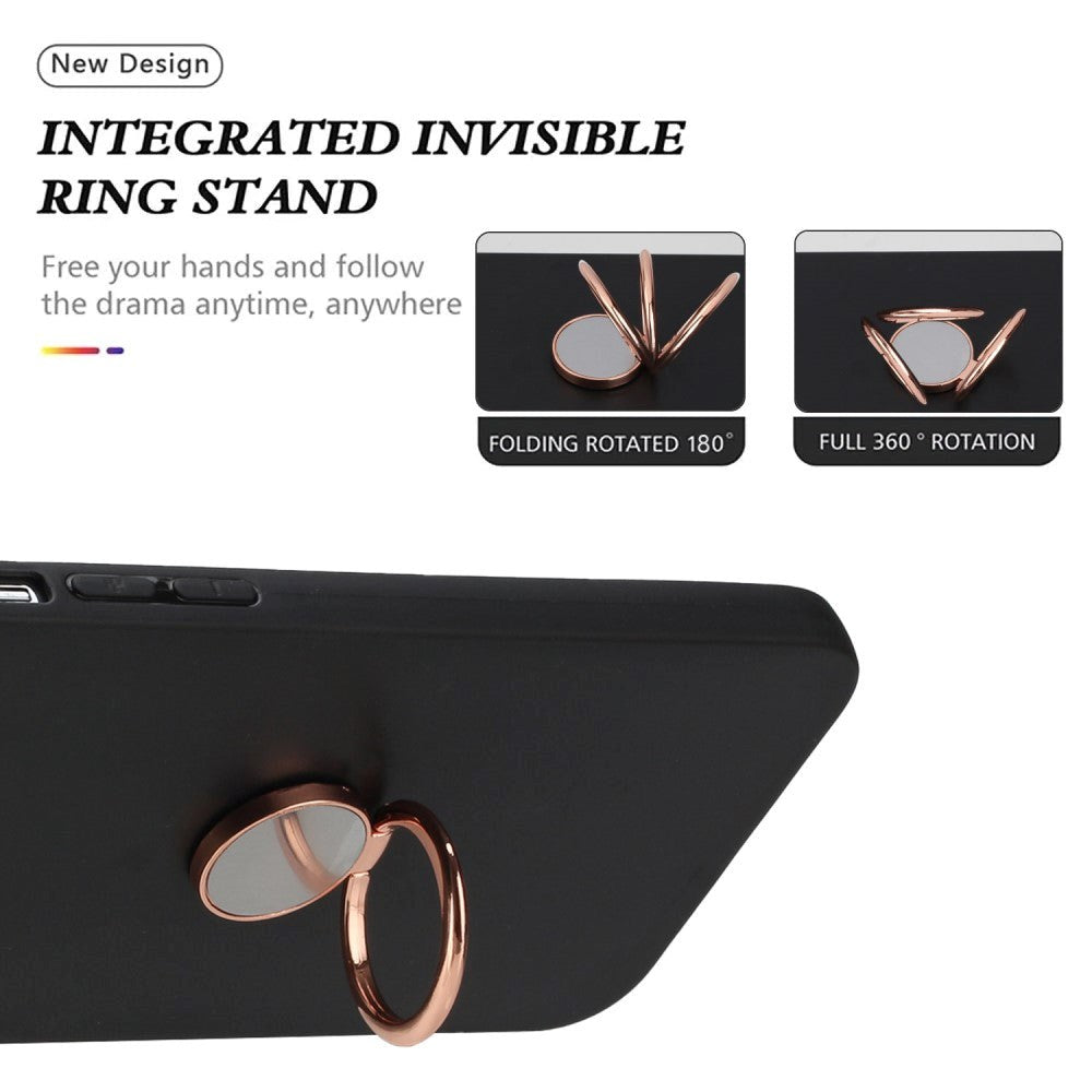 iPhone 15 Flexible Plastic Case w. Magnetic Ring Kickstand - Black w. Rose Gold Ring