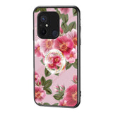 Xiaomi Redmi 12C Plastic Case w. Glass Back & Magnetic Kickstand / Finger Ring - Pink w. Flowers