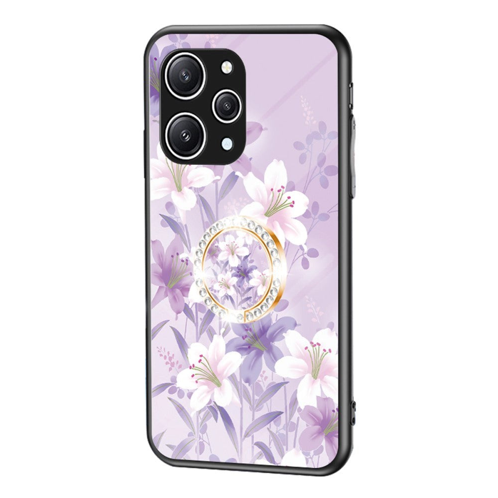 Xiaomi Redmi 12 (4G) Plastic Case w. Glass Back & Finger Ring - Flower Print - Purple