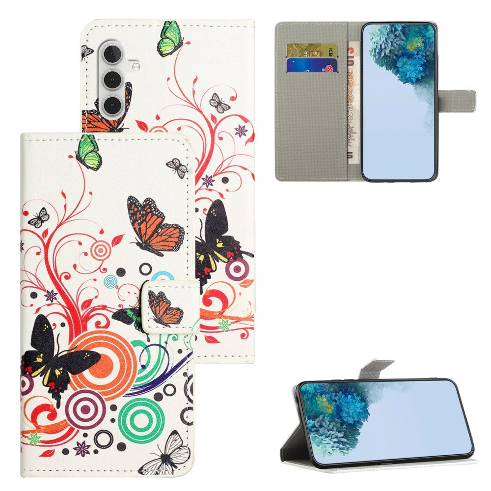 Samsung Galaxy A25 (5G) Leather Case w. Wallet & Stand Function - White / Butterflies