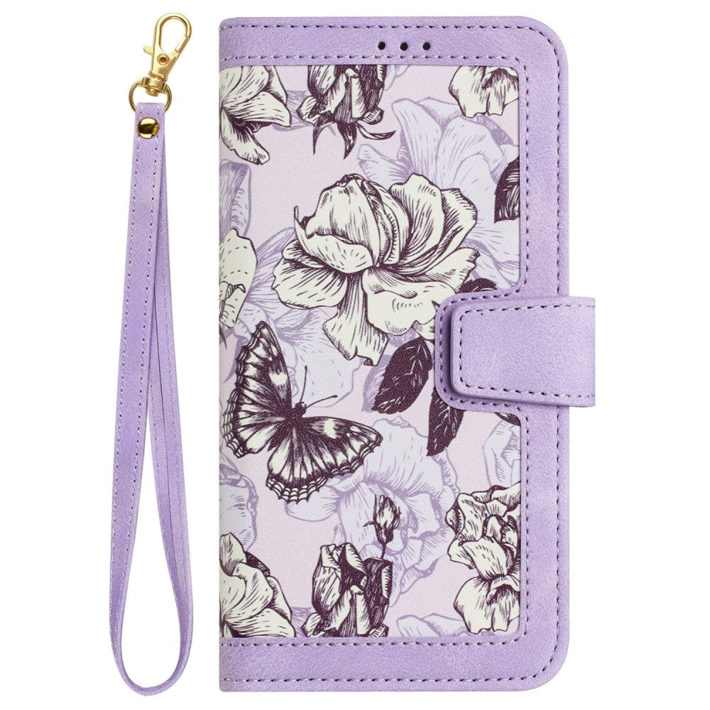 iPhone 15 Pro Leather Flip Case with Wallet and Strap - Purple with Flowers and Butterfly