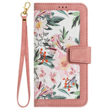 iPhone 15 Pro Leather Flip Case with Wallet and Strap - Pink with Flowers