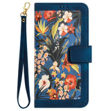 iPhone 15 Pro Leather Flip Case with Wallet and Strap - Dark Blue with Flowers