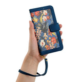 iPhone 15 Pro Leather Flip Case with Wallet and Strap - Dark Blue with Flowers