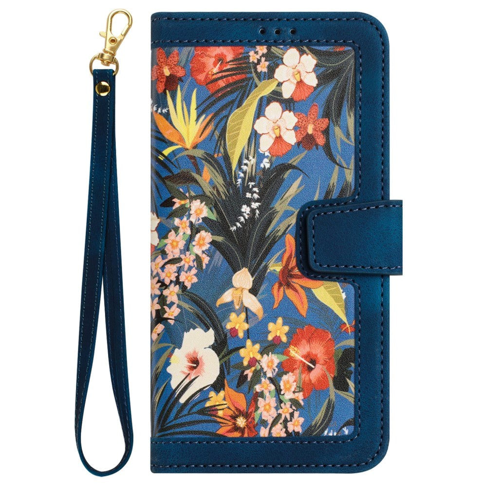 iPhone 15 Leather Flip Case with Wallet and Strap - Dark Blue with Flowers