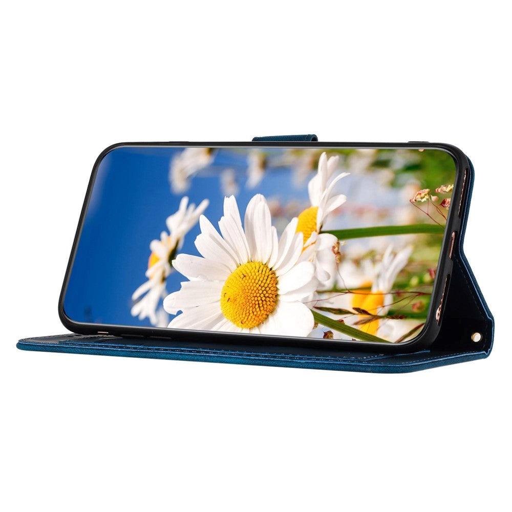 iPhone 15 Leather Flip Case with Wallet and Strap - Dark Blue with Flowers