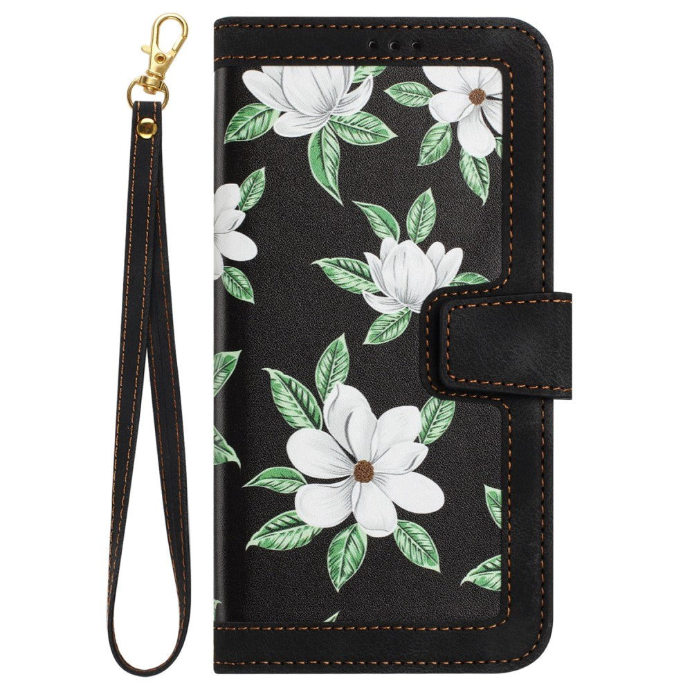 iPhone 15 Leather Flip Case with Wallet and Strap - Black with Flowers