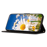 iPhone 15 Leather Flip Case with Wallet and Strap - Black with Flowers