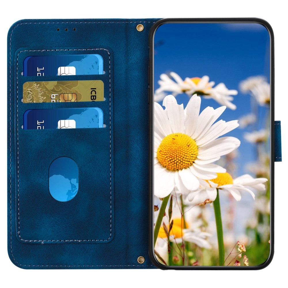 iPhone 15 Plus Leather Flip Case with Wallet and Strap - Dark Blue with Flowers