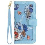 iPhone 15 Plus Leather Flip Case with Wallet and Strap - Blue with Flowers