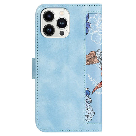 iPhone 15 Plus Leather Flip Case with Wallet and Strap - Blue with Flowers