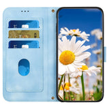 iPhone 15 Plus Leather Flip Case with Wallet and Strap - Blue with Flowers