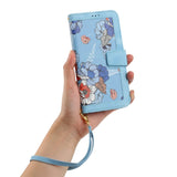 iPhone 15 Plus Leather Flip Case with Wallet and Strap - Blue with Flowers