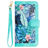 iPhone 15 Plus Leather Flip Case with Wallet and Strap - Green with Flowes