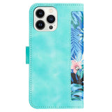 iPhone 15 Plus Leather Flip Case with Wallet and Strap - Green with Flowes