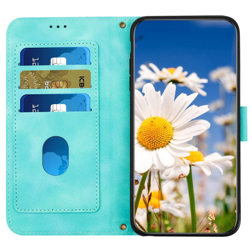 iPhone 15 Plus Leather Flip Case with Wallet and Strap - Green with Flowes