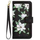 iPhone 15 Plus Leather Flip Case with Wallet and Strap - Black with Flowers