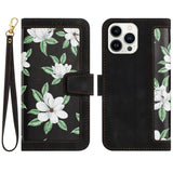 iPhone 15 Pro Max Leather Flip Case with Wallet and Strap - Black with Flowes