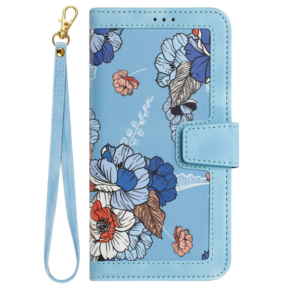 iPhone 15 Pro Max Leather Flip Case with Wallet and Strap - Light Blue with Flowers