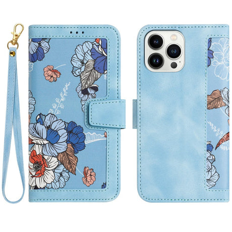 iPhone 15 Pro Max Leather Flip Case with Wallet and Strap - Light Blue with Flowers