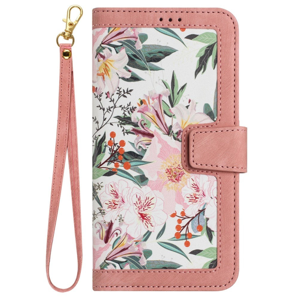 iPhone 15 Pro Max Leather Flip Case with Wallet and Strap - Pink with Flowers