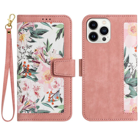 iPhone 15 Pro Max Leather Flip Case with Wallet and Strap - Pink with Flowers