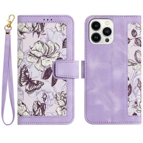 iPhone 15 Pro Max Leather Flip Case with Wallet and Strap - Purple with Flowers and Butterfly