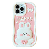 EIDERWOOD iPhone 14 Pro Silicone Case with 3D Rabbit - Pink / White