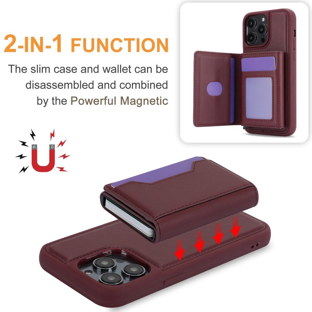 iPhone 15 Leather Covered Plastic Case w. Magnetic Detachable Wallet - Wine Red