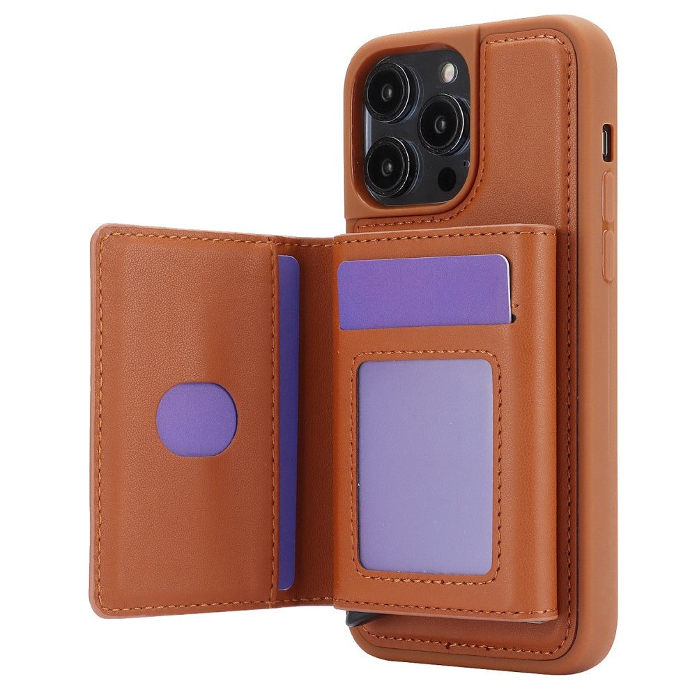 iPhone 15 Leather Covered Plastic Case w. Magnetic Detachable Wallet - Brown