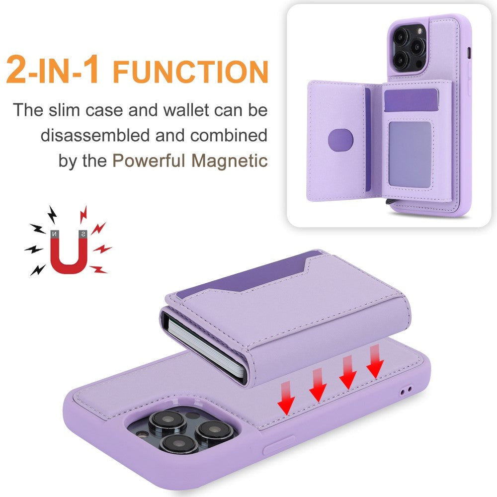 iPhone 15 Pro Max Leather Covered Plastic Case w. Magnetic Detachable Wallet - Purple