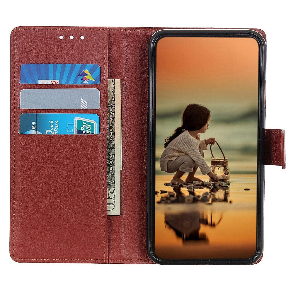 Sony Xperia 5 V Litchi Leather Flip Case w. Wallet - Brown